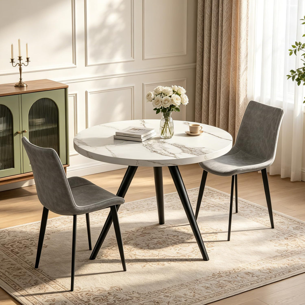 34.6" Round Dining Table Set for 4, Modern Kitchen Coffee Table Set, Walnut