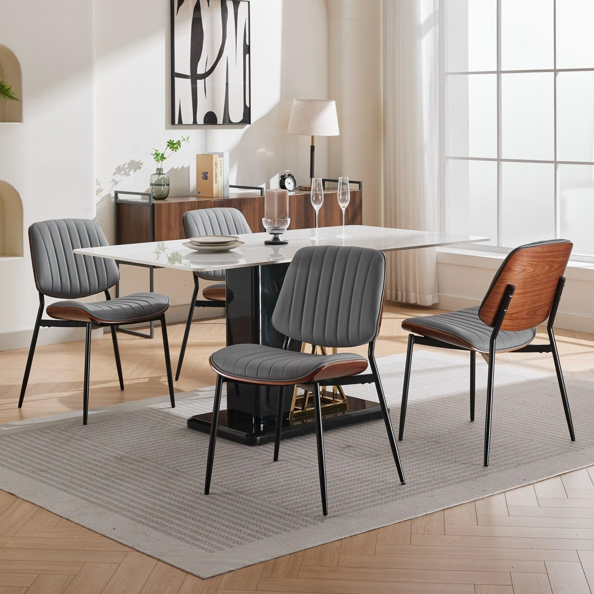 REONEY Dining Chairs Set of 4, Mid-Century Modern Kitchen Chairs, Black