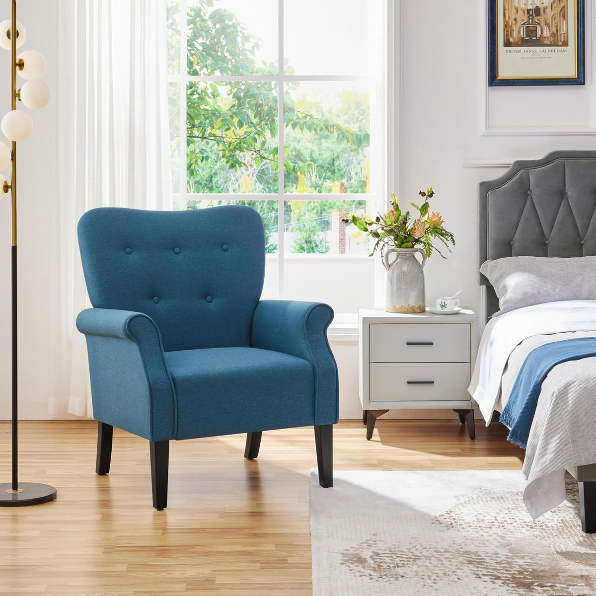 Yaheetech High Back Accent Chair Set of 2 with Rolled Arms, Navy Blue