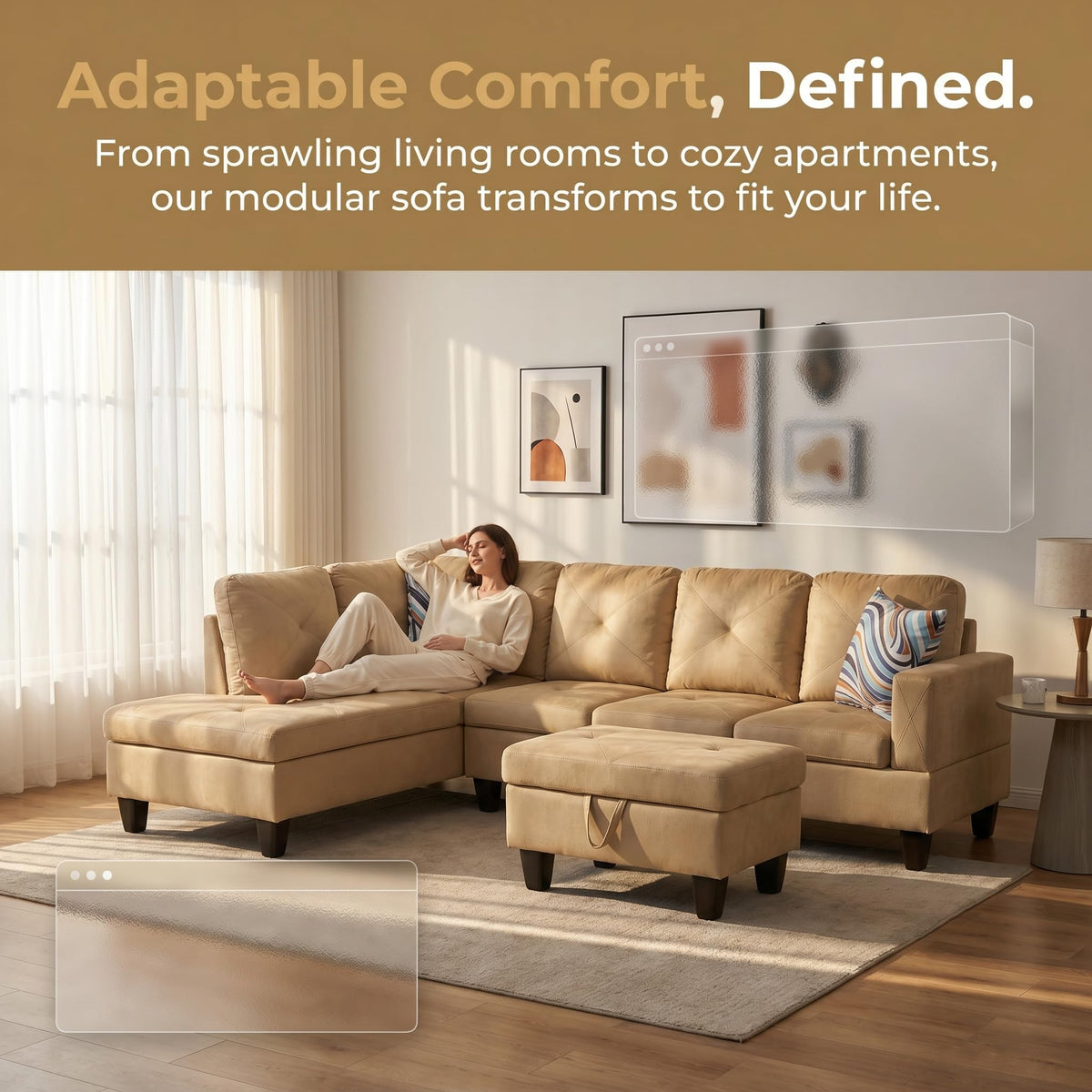 97.5" L-Shaped Modular Sectional Sofa with Movable Chaise & Storage Ottoman, 3 Piece Convertible Leather Couch, 4 Seat Gloss Black Living Room Furniture Set for Apartment Home Office