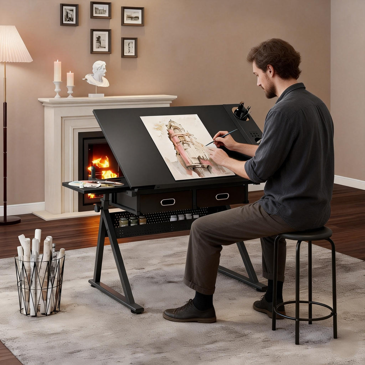 Adjustable Drawing Table with 3 Drawers & Stool, for Art & Work