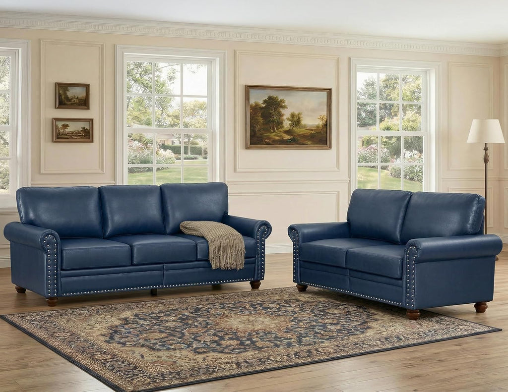 2 Piece Couch Sets for Living Room,Mid Century Modern Couch with Storage Nailhead Trim & Rolled Armrests,Deep Seat Comfy Couch,Furniture Set for Living Room,Bedroom,Office(Navy Blue,Loveseat+3 Seater)
