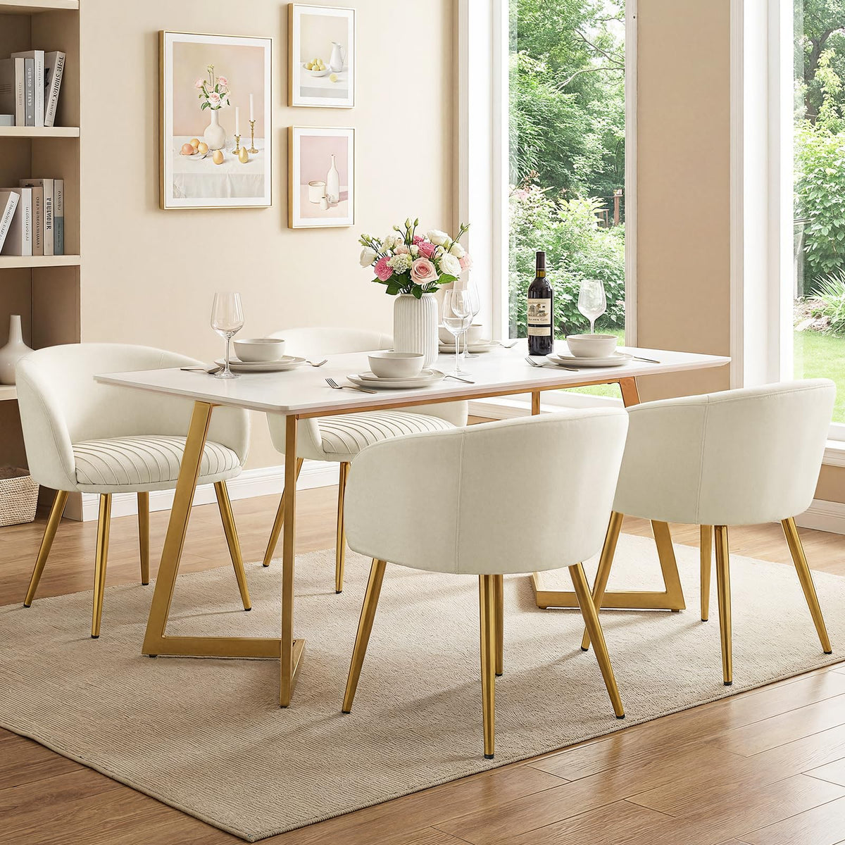 Accent Velvet Makeup Vanity Chairs Set of 2 Boucle Modern Tufted Girls Desk Chair No Wheels with Gold Metal Legs, 20" Extra Wide Armchair for Bedroom Bathroom Dining Room Living Room, Cream Beige