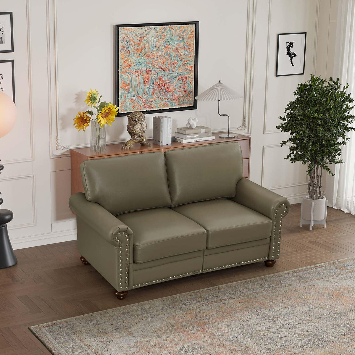 2 Piece Faux Leather Sofa Set,Modern Couch and Loveseat Sets with Storage,Mid Century Couch with Rivet Rolled Arm,Comfy Deep Seat Sofa,Furniture for Living Room,Office(Loveseat+3 Seater,Navy)
