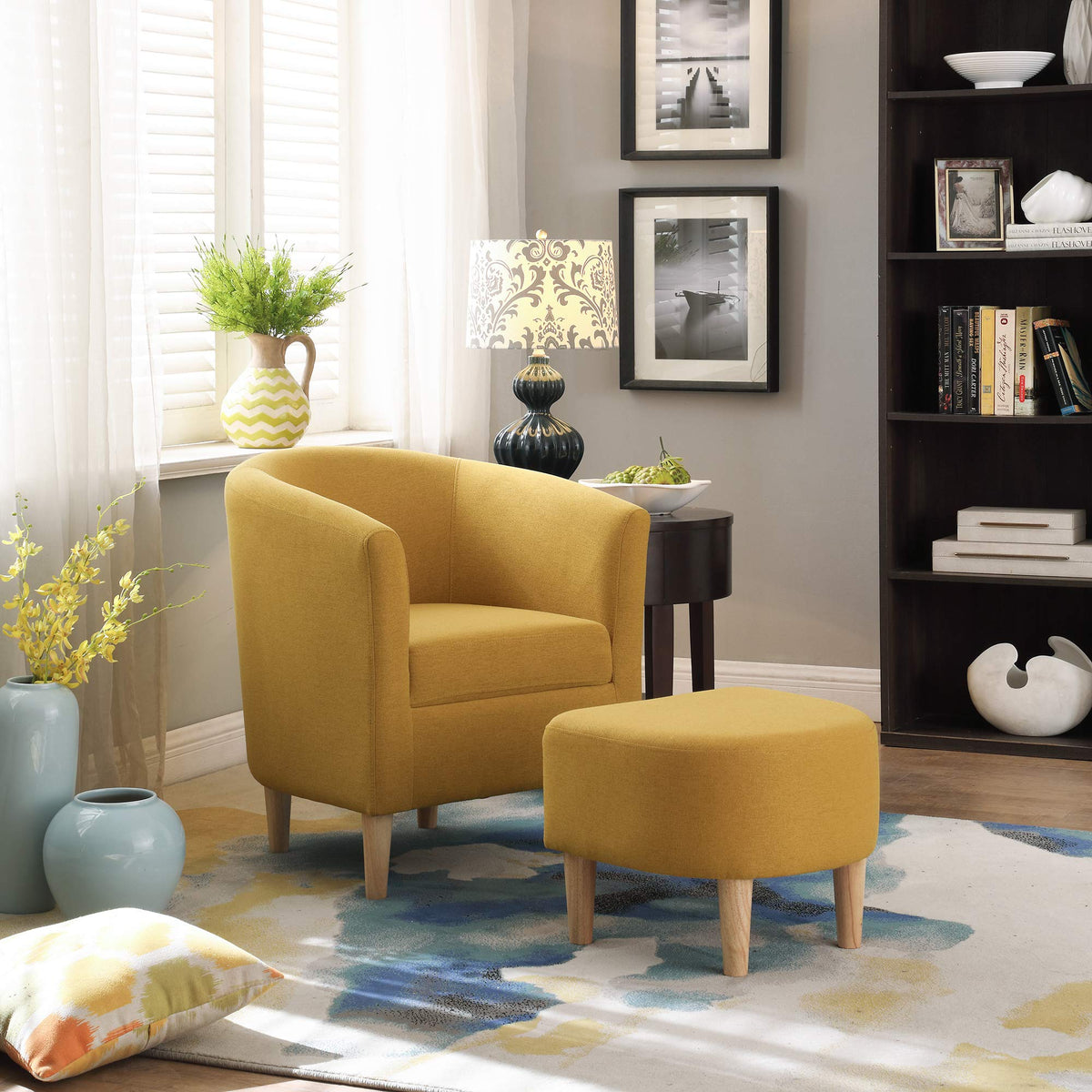 DAZONE Accent Chair with Ottoman, Modern Comfy Armchair Upholstered Barrel Club Chair and Footrest Set, Fabric Tub Arm Chairs for Living Room Bedroom Small Spaces Apartment Office, Set of 2, Gray