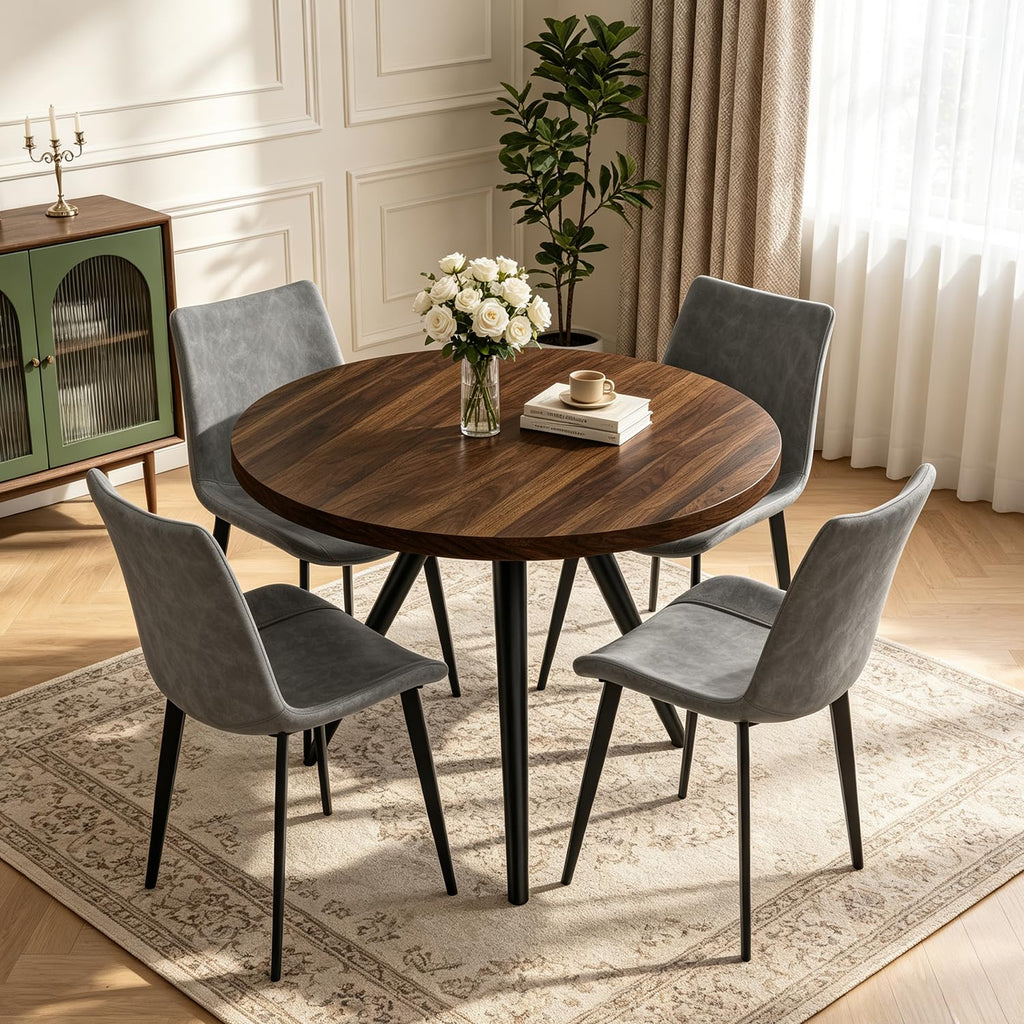 34.6" Round Dining Table Set for 4, Modern Kitchen Coffee Table Set, Walnut