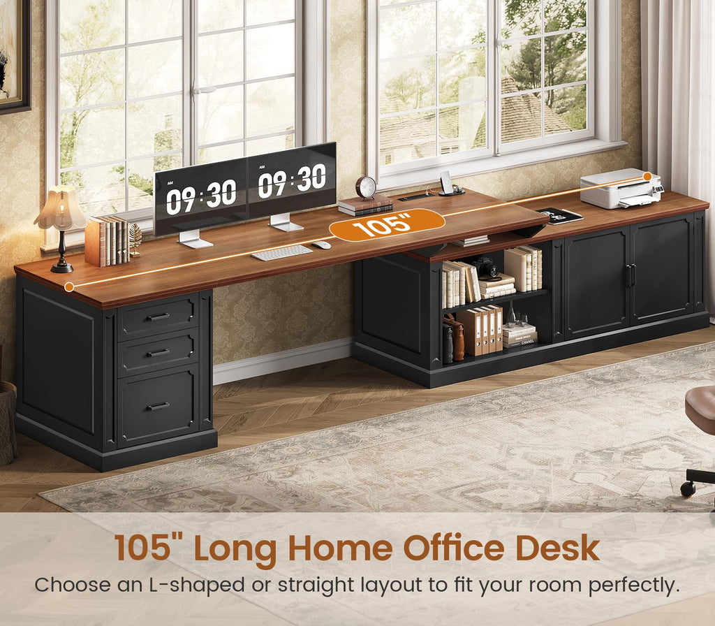 SEDETA Farmhouse 70.9" Executive Desk, Home Office Desk with File Drawers and Storage Cabinet, Computer Desk with Power Outlet for Home Office, Work Study Writing, Black+Brown