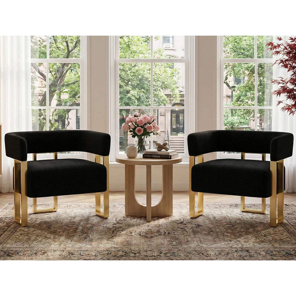 Mid Century Modern Accent Chair Set of 2, Barrel, White Boucle, Gold Leg