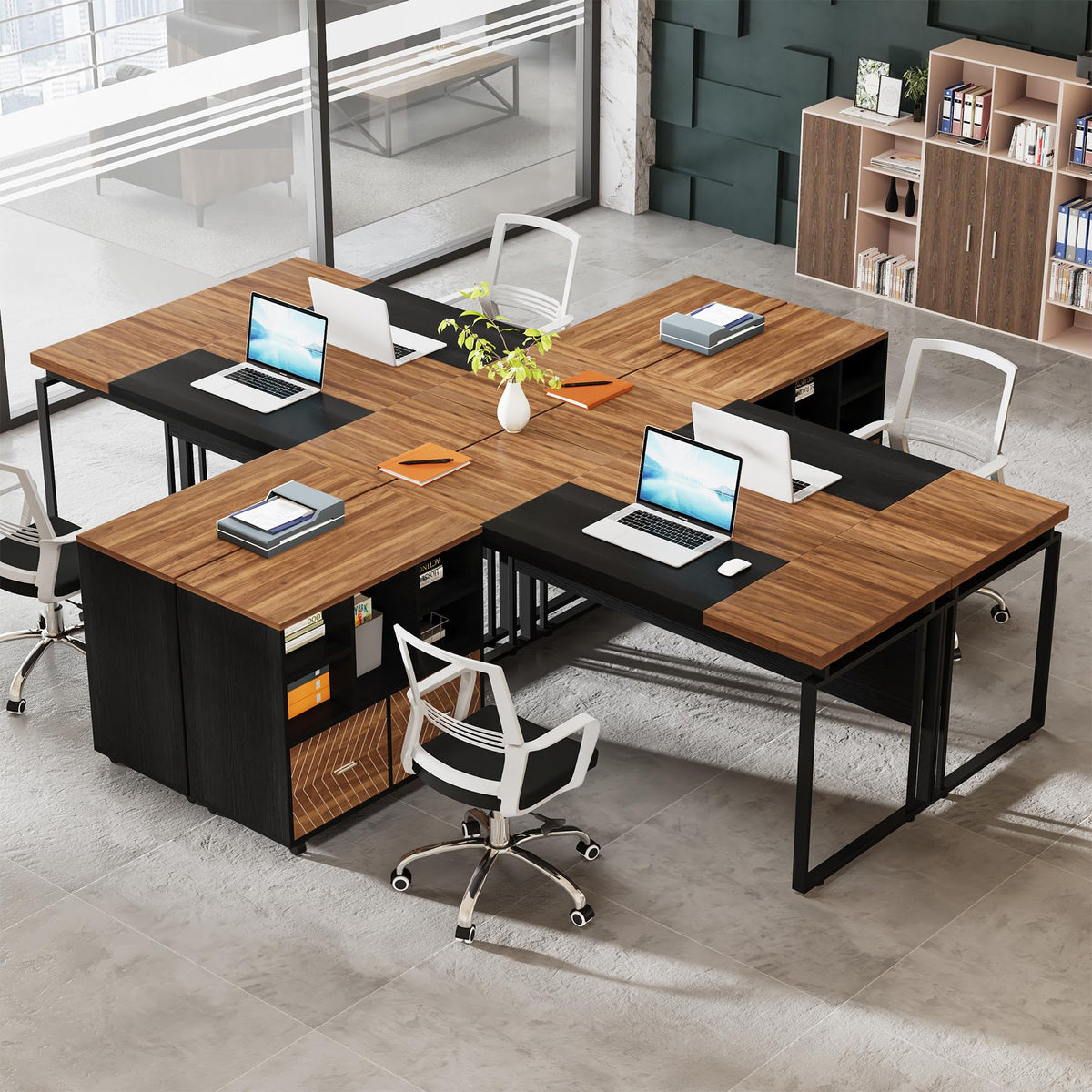 Tribesigns L-Shaped Executive Desk with Reversible File Cabinet, 63" Office Desk with Storage Drawers, Computer Desk Set (Oak Karo & White)