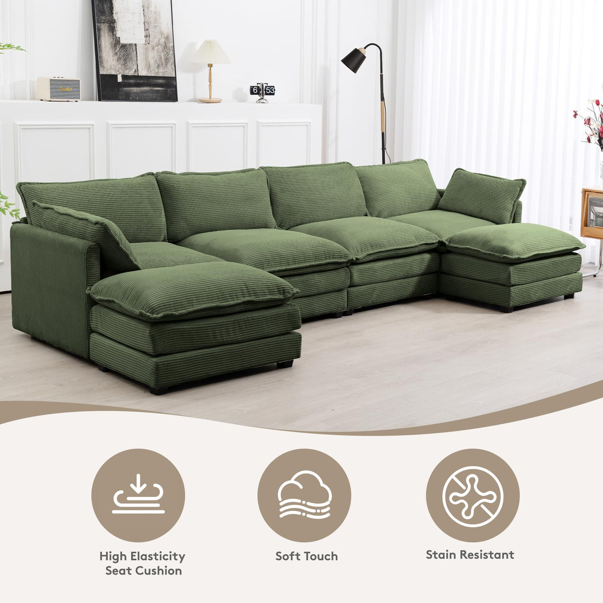 ROWHY 41'' Single Armchair with Ottoman, Modern Corduroy Cloud Couch with Convertible Chaise, Upholstered Sofa Set for Living Room, Green