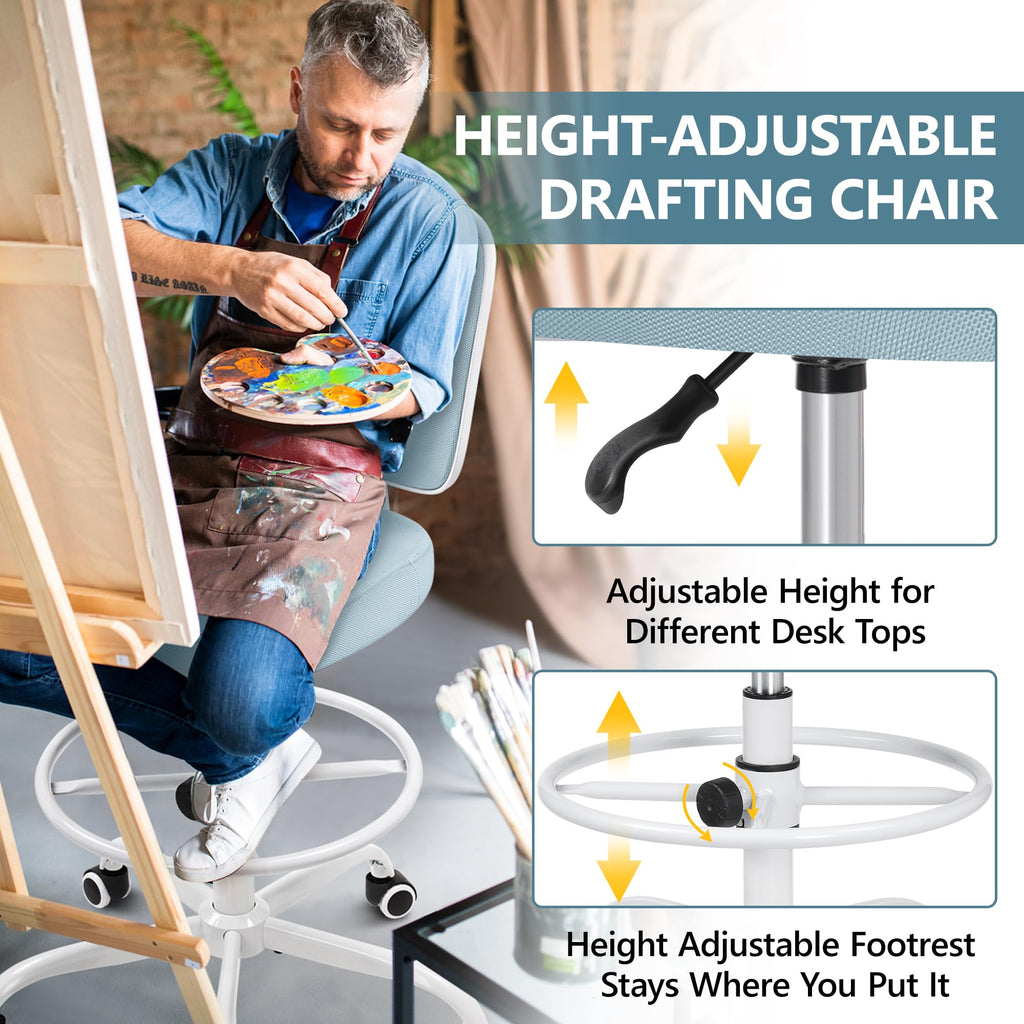 Primy Tall Drafting Desk Chair - Armless, Adjustable Height, Mesh Back, Rolling, Standing Desk Chair for Art Room, Office or Home (Black)