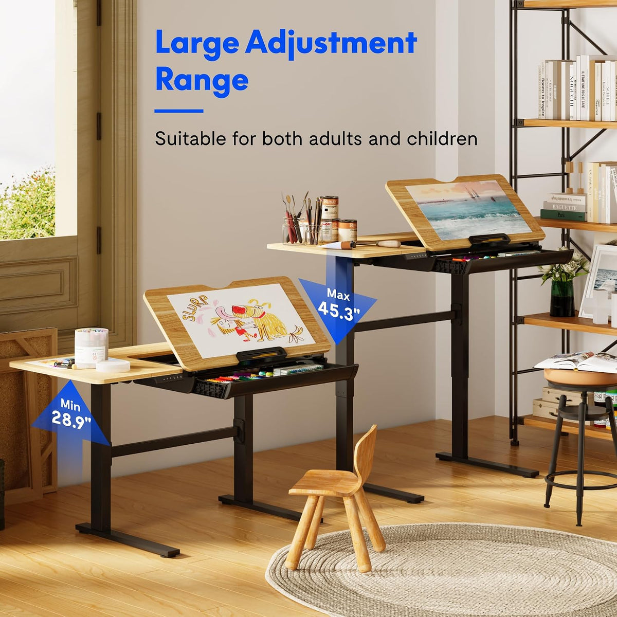 FLEXISPOT Electric Drafting Table Adjustable Height 47.2"x23.6" Standing Drawing Desk Extendable Top Craft Workstation w/Tilting Tabletop, Storage Drawer for Study, Office, Studio, Art, Adult & Kid