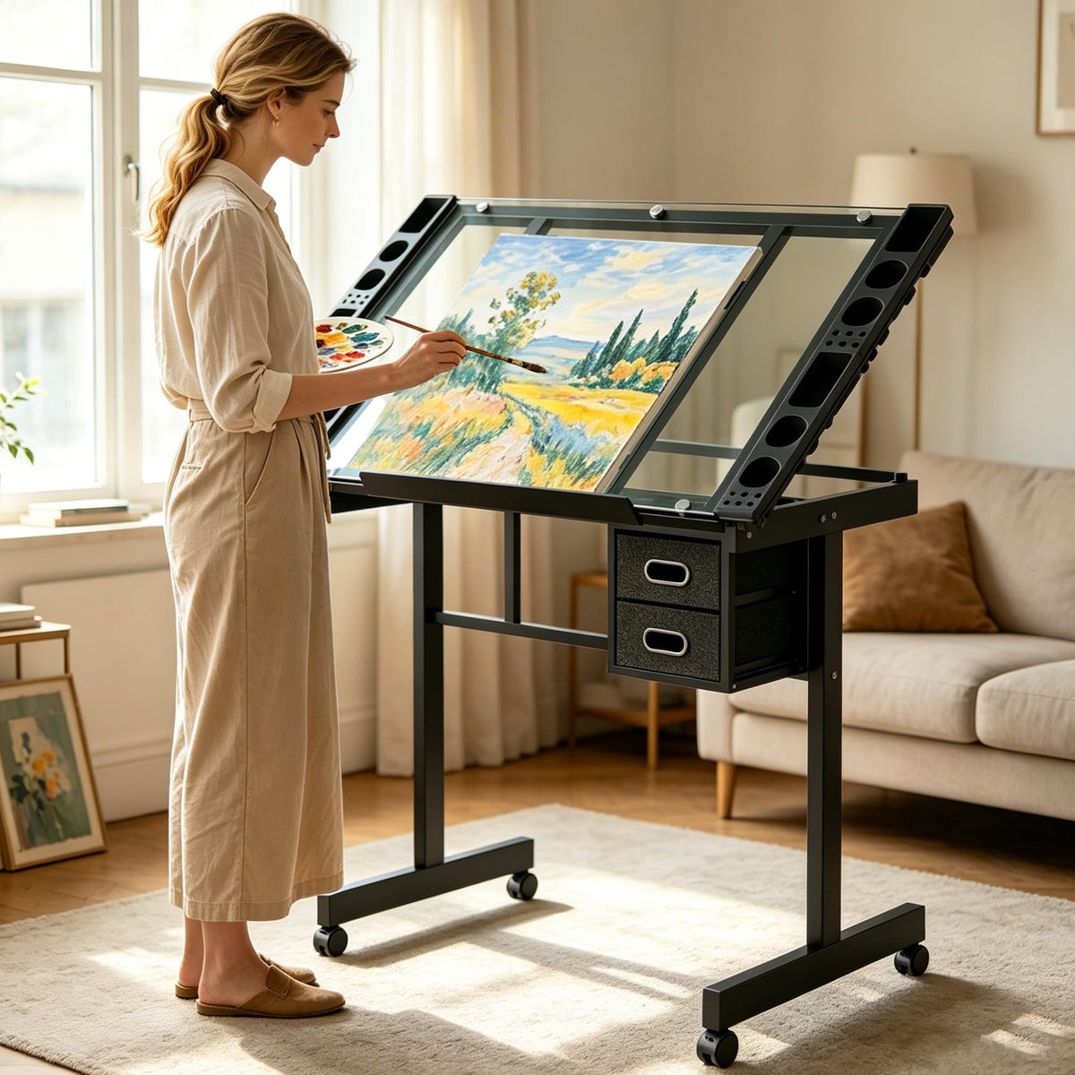 Rolling Drafting Table with Storage and Wheels, Tempered Glass Table Top