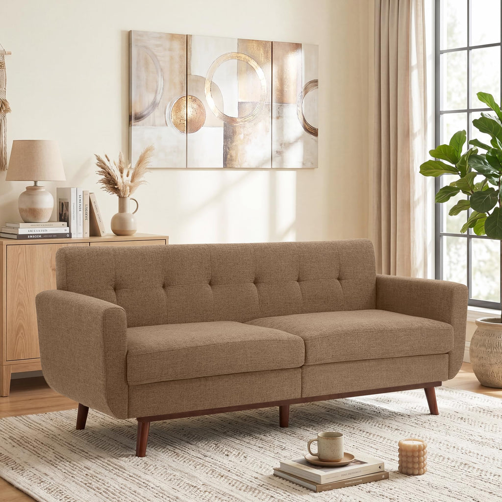 Kingfun 2 Piece Loveseat and Sofa Sets, Mid Century Modern Love Seat Couches for Living Room, Button Tufted Upholstered Furniture, Small Couch for Bedroom, Office, Beige