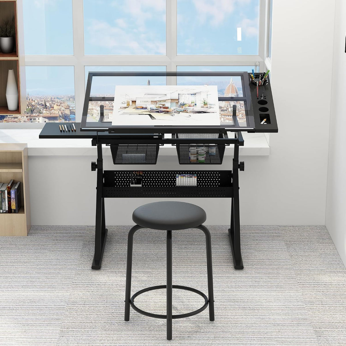 GarveeHome Drafting Table w/Stool, Height Adjustable Multifunctional Art Craft Artists Desk Tilting Glass Tabletop Diamond Paintings Work Station w/2 Storage Drawers for Home Office (Black-1)