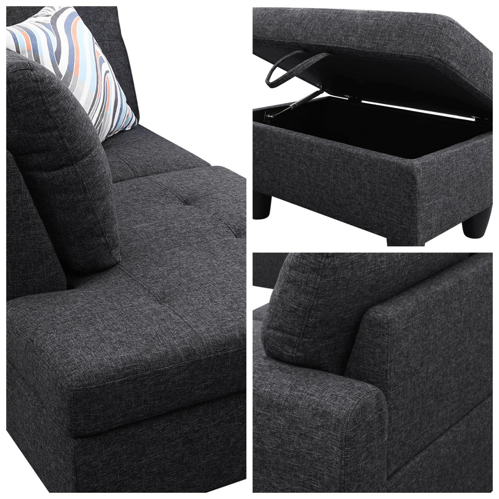 97.5" L-Shaped Modular Sectional Sofa with Movable Chaise & Storage Ottoman, 3 Piece Convertible Leather Couch, 4 Seat Gloss Black Living Room Furniture Set for Apartment Home Office