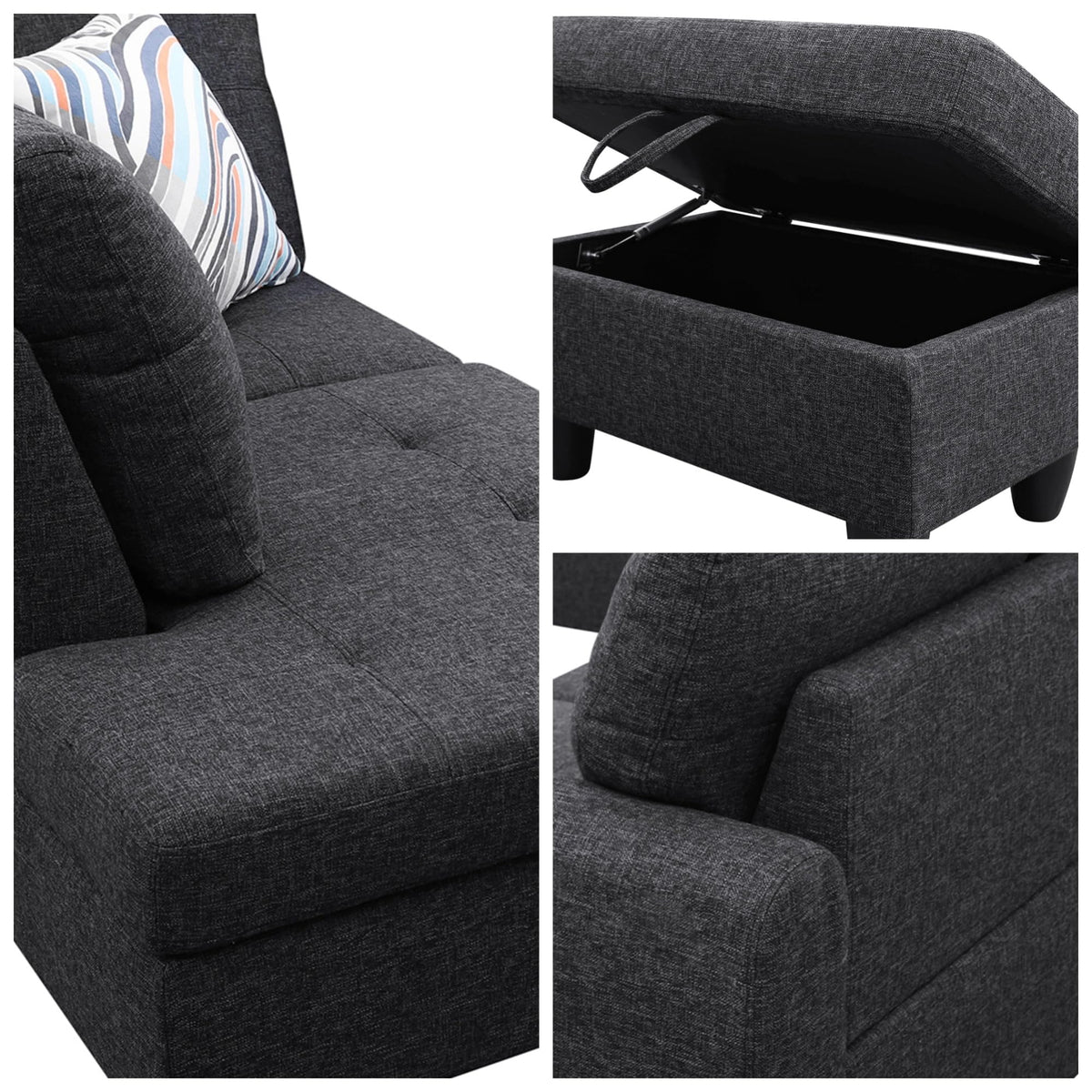 97.5" L-Shaped Modular Sectional Sofa with Movable Chaise & Storage Ottoman, 3 Piece Convertible Leather Couch, 4 Seat Gloss Black Living Room Furniture Set for Apartment Home Office