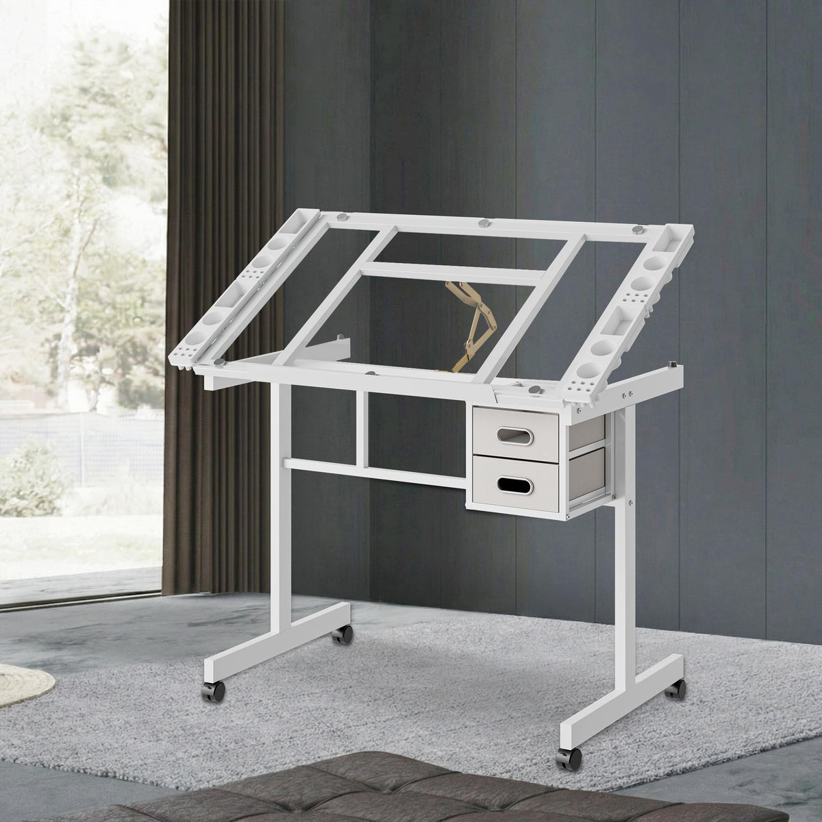 Adjustable Drafting Table with Stool, 0-75Â° Tilting Art Desk, White