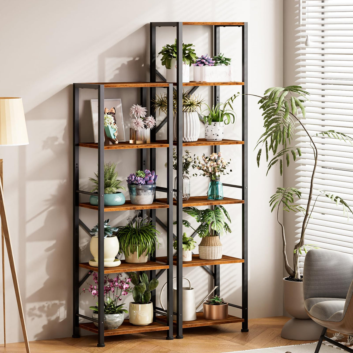 Furologee 5 Tier Book Shelf Set of 2, Tall Wide Bookshelf, Rustic Brown