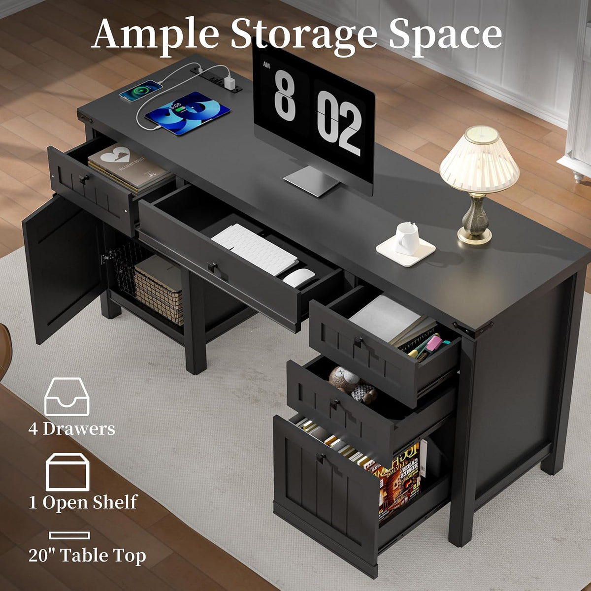 62" Executive Desk Home Office Desk with File Drawer & Cabinet