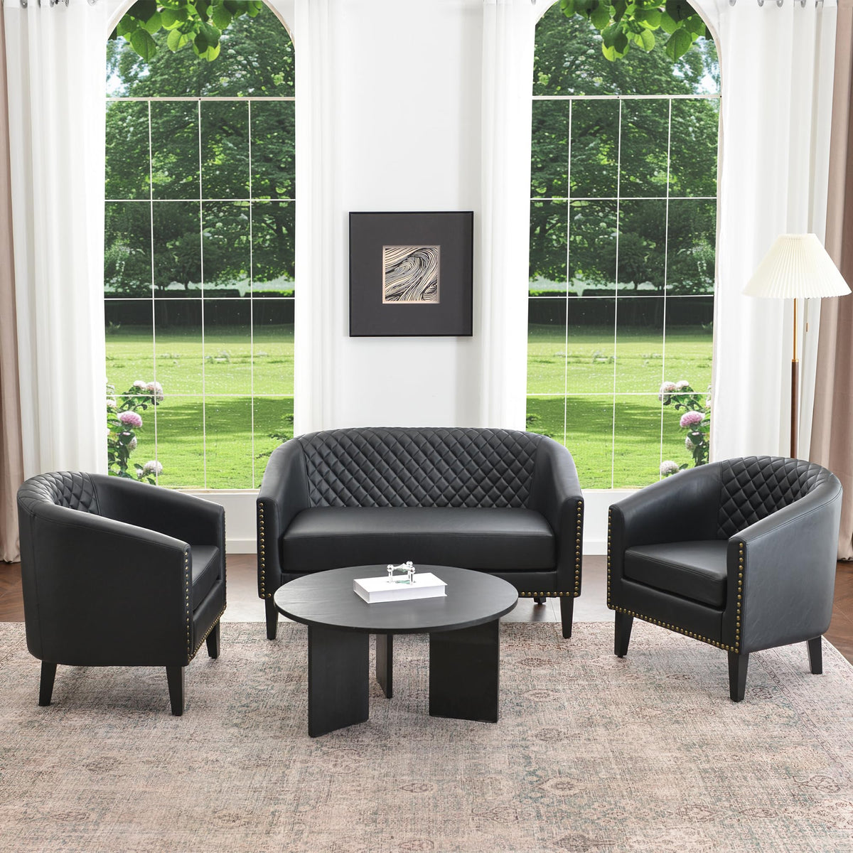 KINWELL 29" W Faux Leather Tufted PU Barrel Club Chairs Set of 2, Black