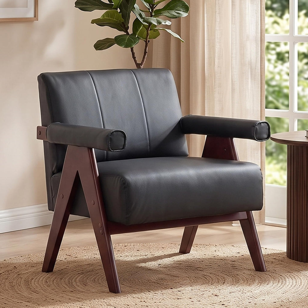 JIASTING Mid Century Modern Accent Chair Set of 2, Black Leather Armchair