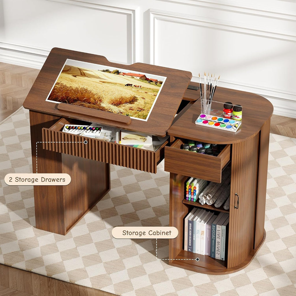 Fluted Drafting Table with Storage, Adjustable Drawing Desk (Walnut)