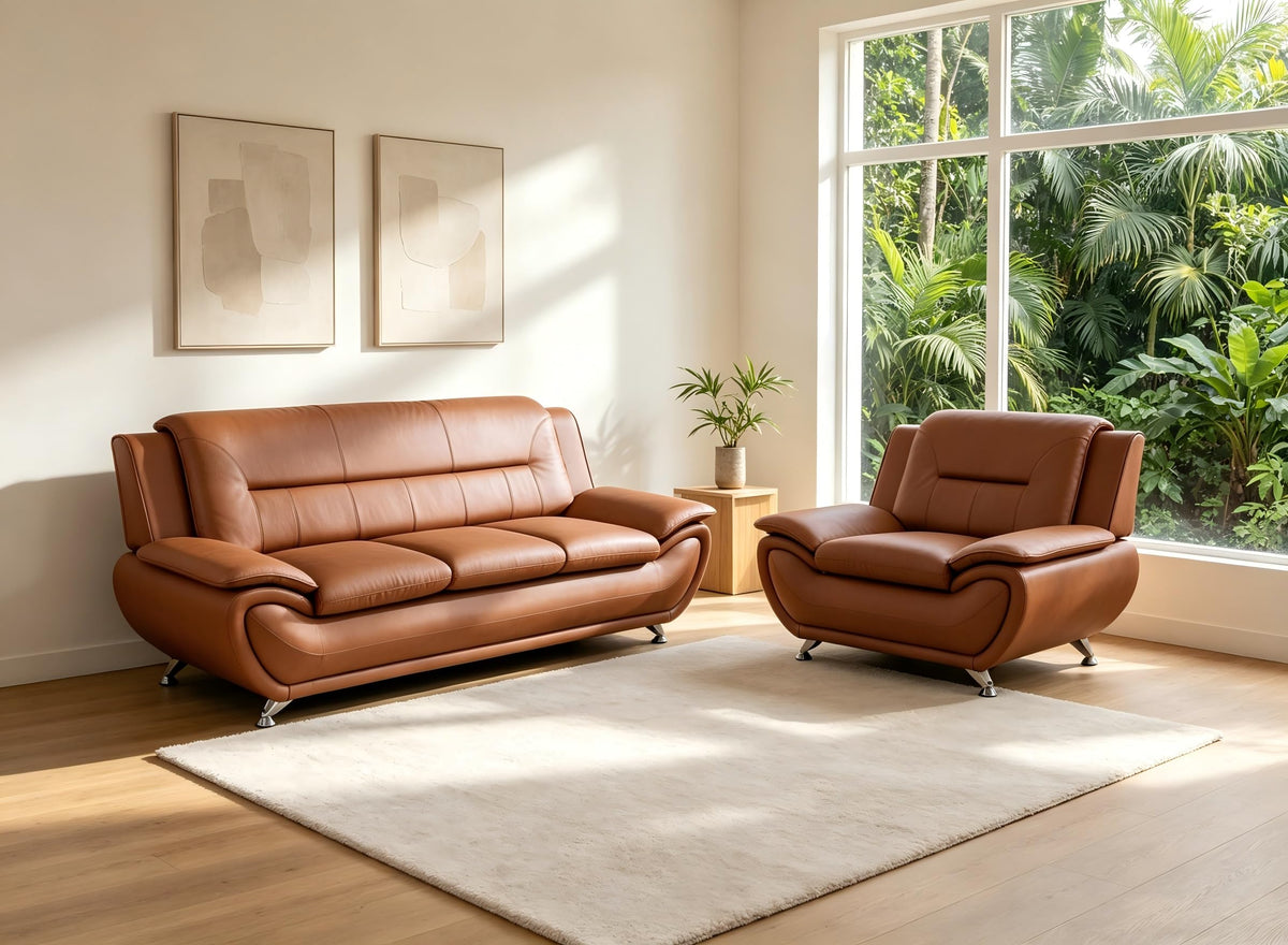 Creamy White Living Room Furniture Set, 2-Piece Modern Faux Leather Couches for Home, Living Room Sofa Sets, 3-Seater Sofa and Loveseat with Metal Feet, Couch Set for Bedroom, Hotel, Office