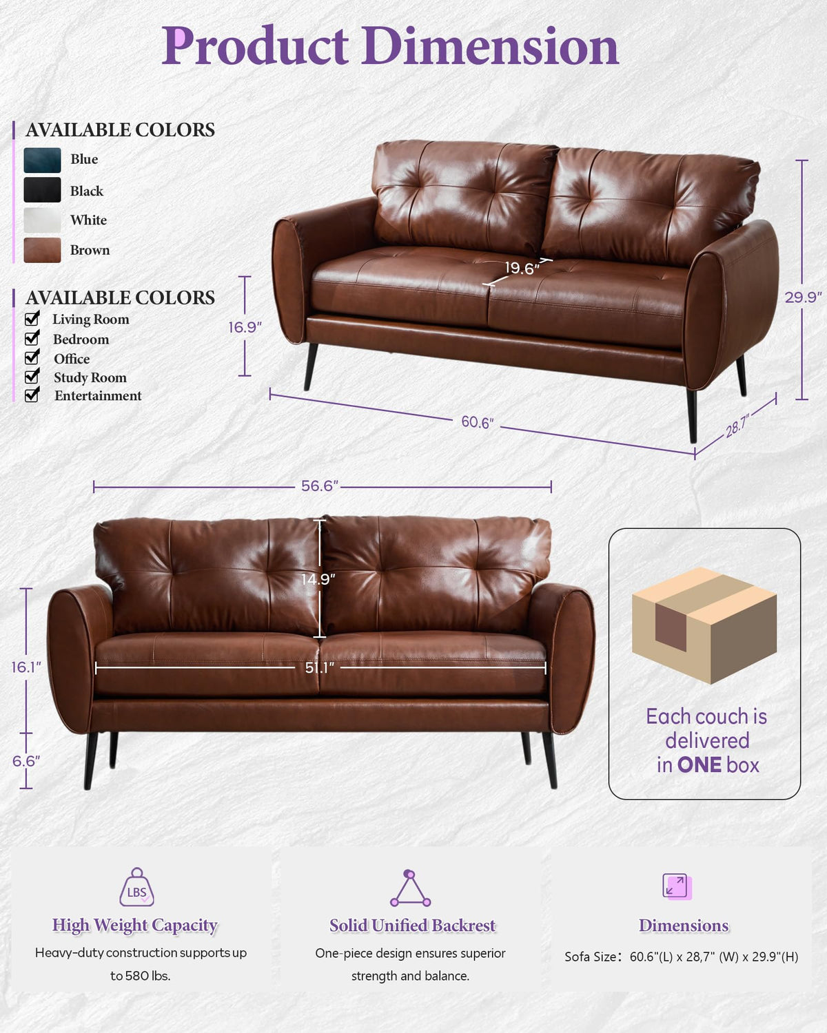 61'' Small Leather Loveseat and Chair, 3 Piece Living Room Sets, Black