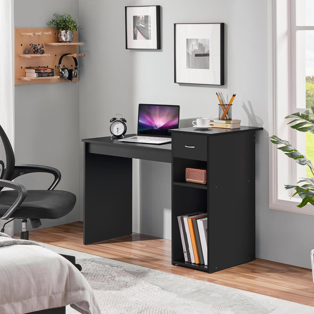 Yaheetech Black Computer Desk and Chair Set with Drawer, Shelves, Mesh Seat