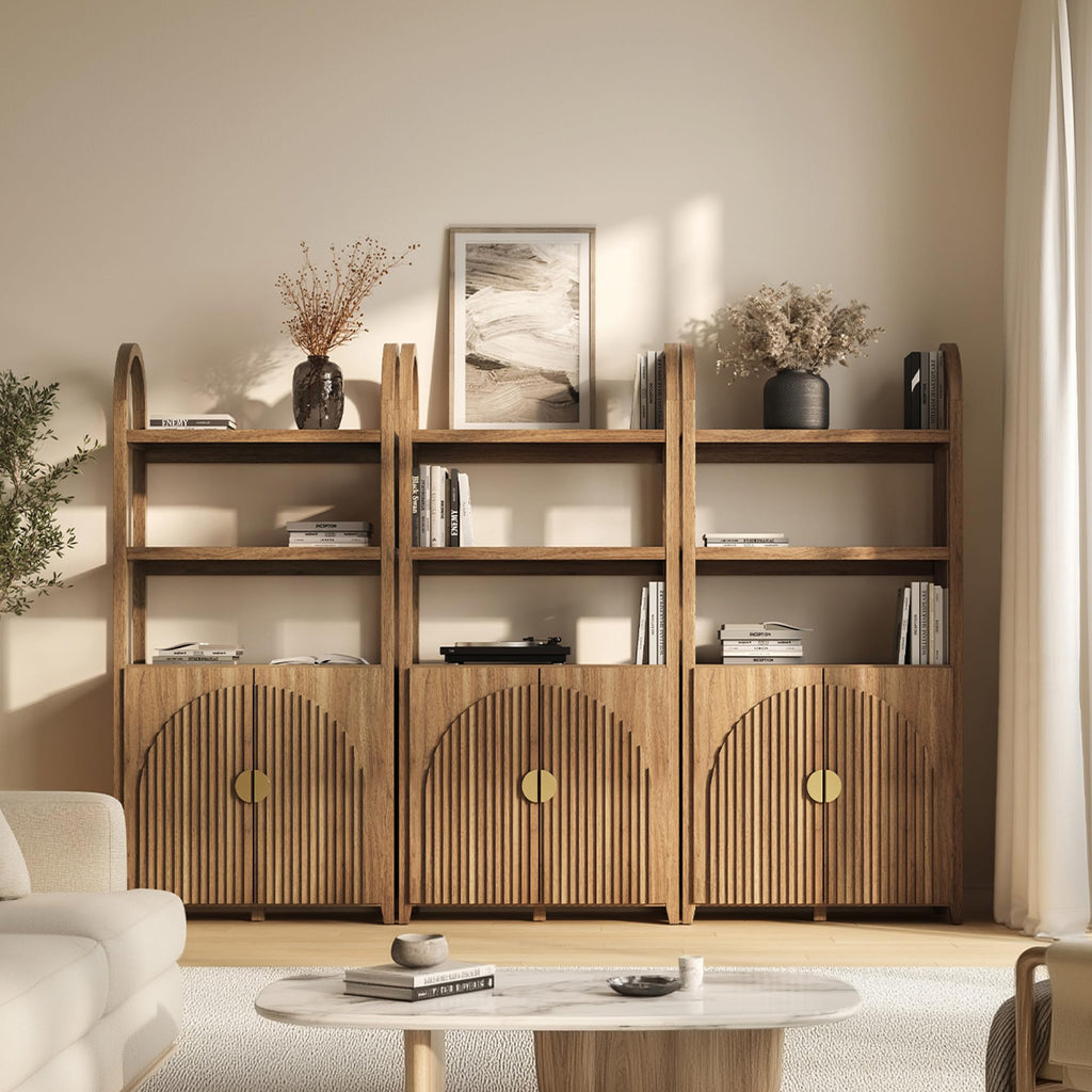 BELLEZE Book Shelf 72" Tall Arched Bookcase with Storage, 5 Tier Mid Century Modern Fluted Bookshelf with Doors, Modular Bookshelves for Living Room Office Library, Set of 2 (Caramel Brown)