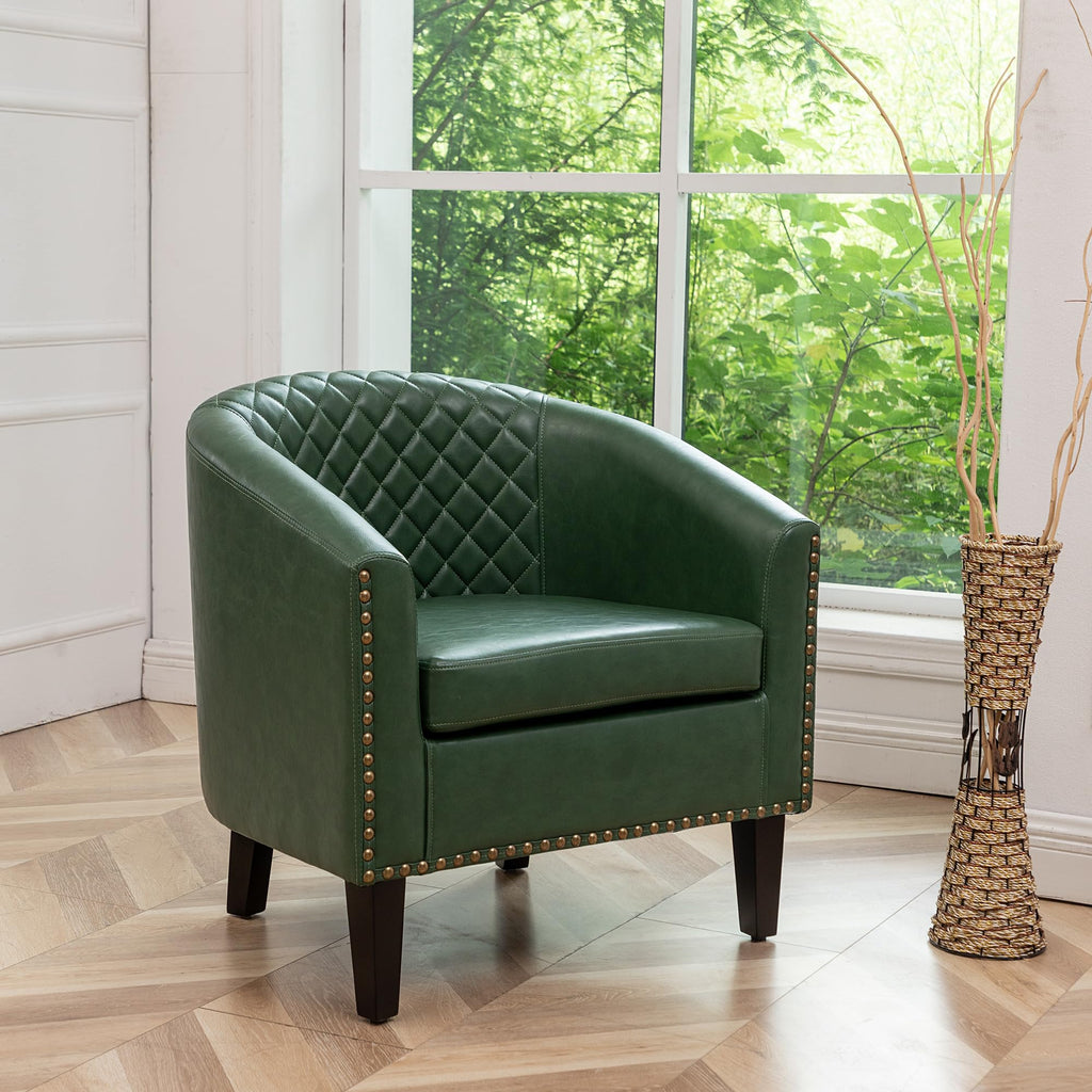 KINWELL 29" W Faux Leather Tufted PU Barrel Club Chairs Set of 2, Black