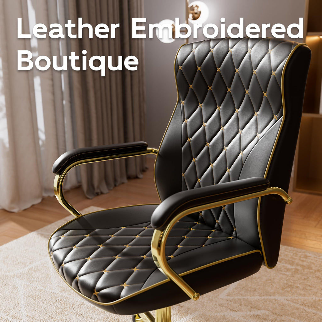 HomeZeer White and Gold Office Chair, Luxury Leather Executive Desk Chair