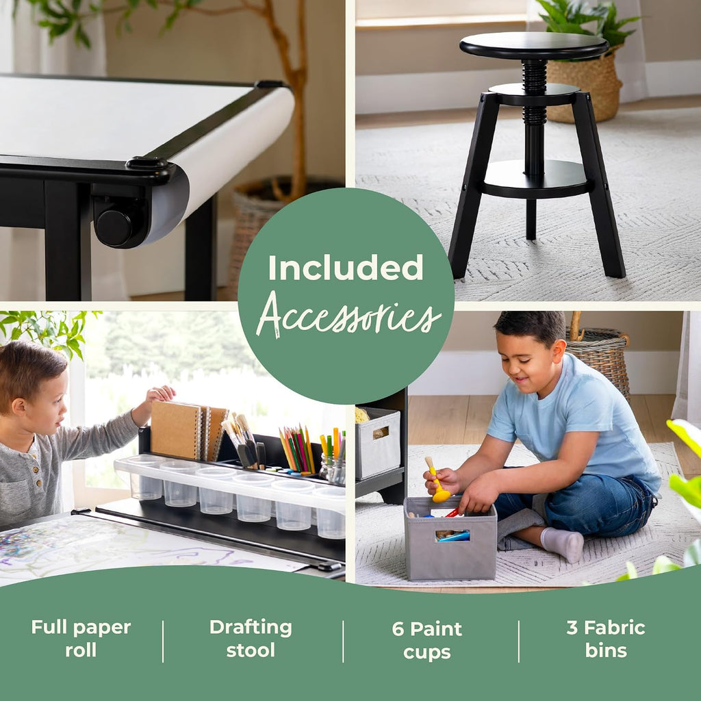 Guidecraft Design Studio â Black: 3-in-1 Kids Art Table & Stool Set, Writing, Crafting, Painting & Drafting Table for Kids with Craft Storage & Bins, Art Easel with Paper Roll, Toddler Activity Desk