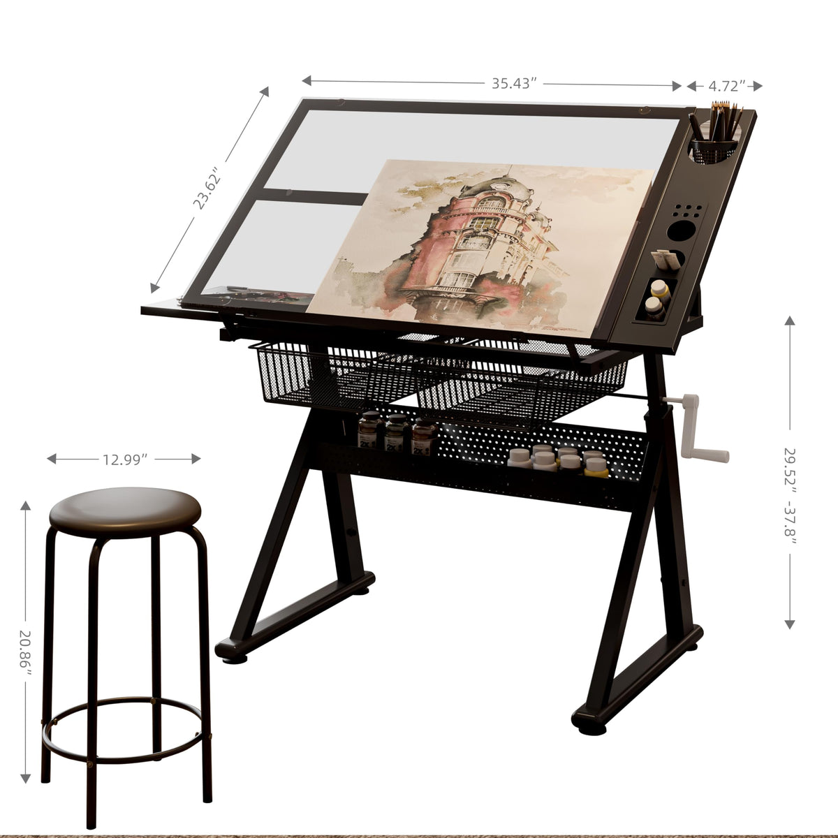 Drafting Table with Storage and Stool, Glass Art Desk for Adults Adjustable Height with 2 Metal Drawers, Craft Drawing Table Artist Desk with Extra Desktop for Reading/Writing/Studying (Black)