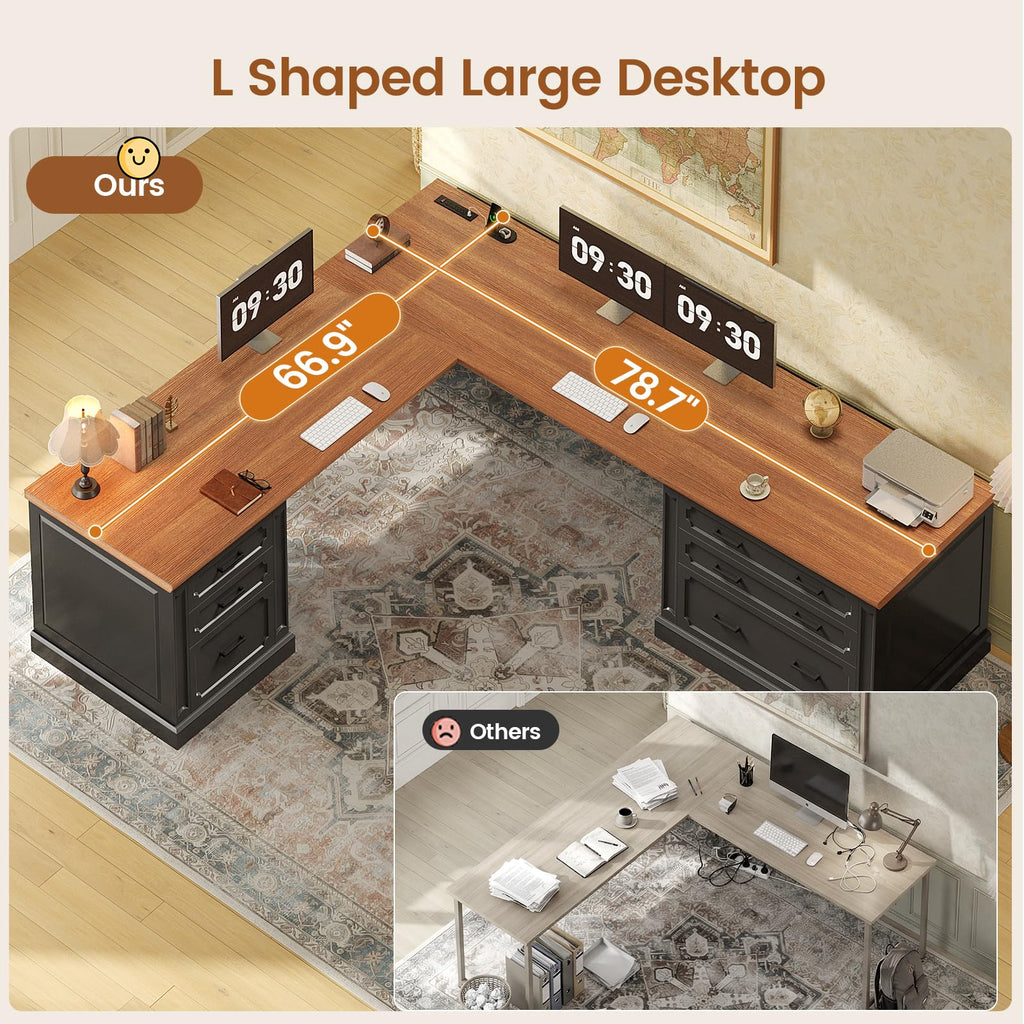 SEDETA Farmhouse 70.9" Executive Desk, Home Office Desk with File Drawers and Storage Cabinet, Computer Desk with Power Outlet for Home Office, Work Study Writing, Black+Brown