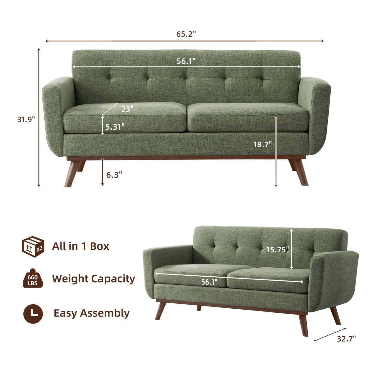 Kingfun 2 Piece Loveseat and Sofa Sets, Mid Century Modern Love Seat Couches for Living Room, Button Tufted Upholstered Furniture, Small Couch for Bedroom, Office, Beige