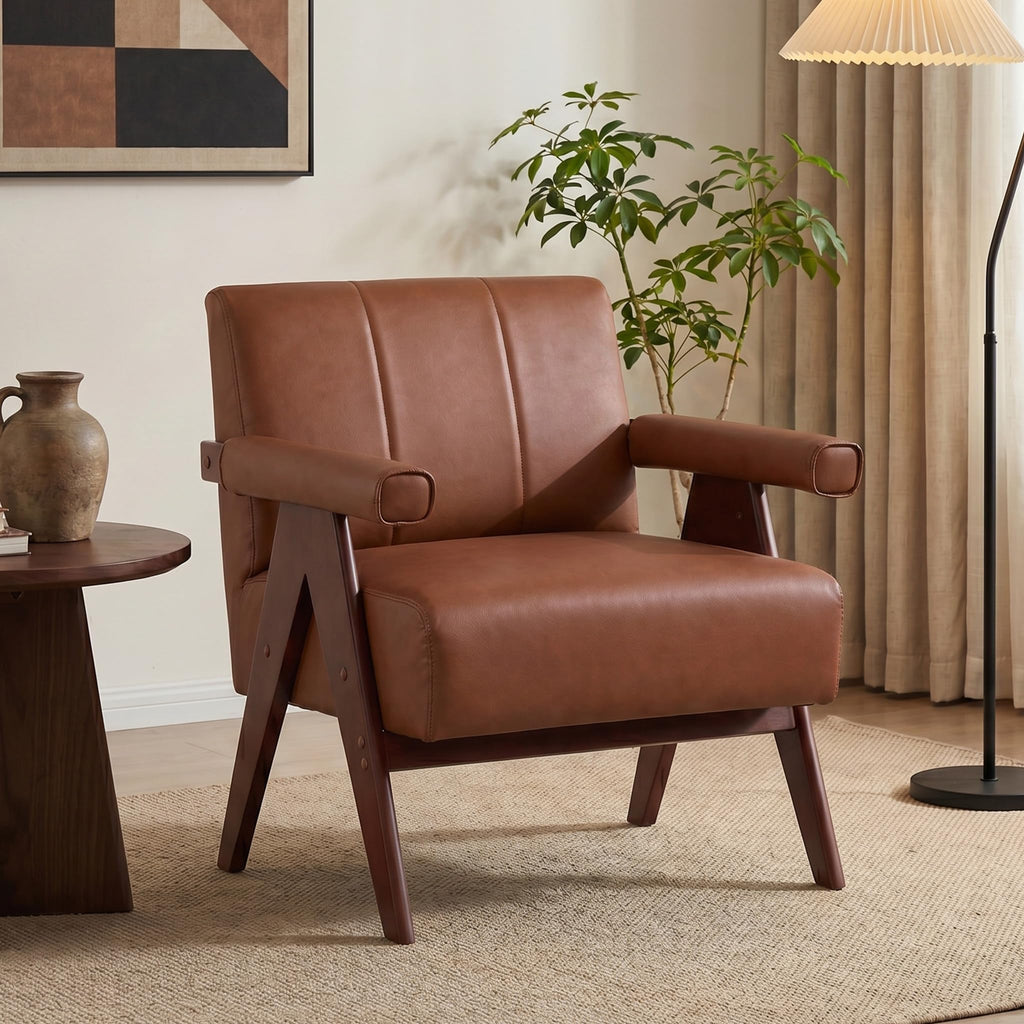 Mid Century Modern Black Faux Leather Accent Chair Set 2 Solid Wood Frame