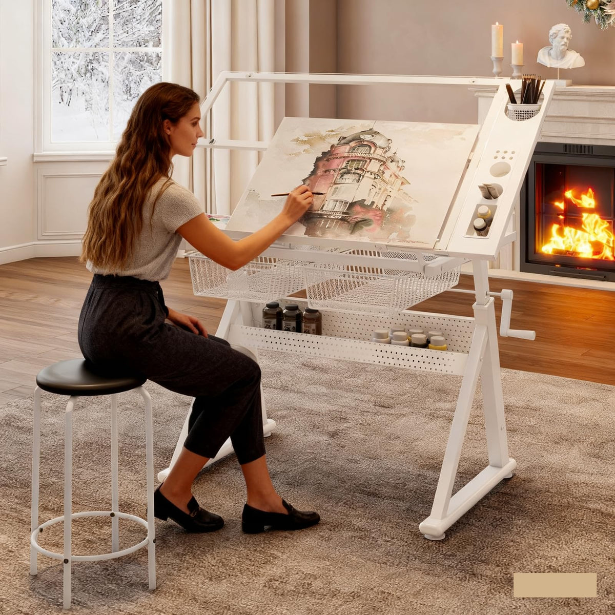 Drafting Table, Adjustable Height Drawing Table Art Table Painting Table Art Craft Desk with 0-75Â° Tilting Glass Tabletop and Storage Drawers, Black