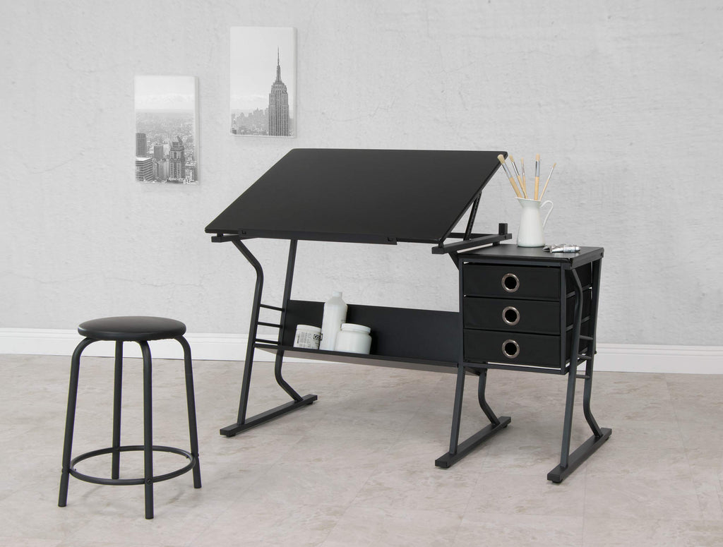 2 Piece Eclipse Ultra Center/Drawing Table with Stool, Angle Adjustable Top, Storage Shelves, and Drawers