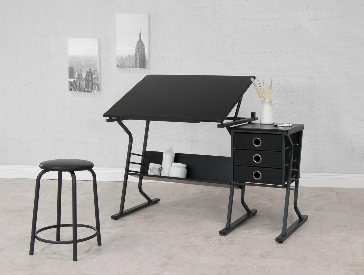 2 Piece Eclipse Ultra Center/Drawing Table with Stool, Angle Adjustable Top, Storage Shelves, and Drawers