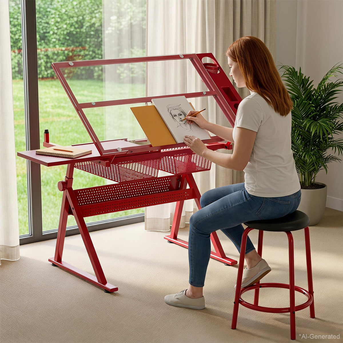 White Drafting Table with Stool Height Adjustable Art Craft Desk with Storage, Tilting Tempered Glass Tabletop, Expansion Board, Drawing Table for Home Office, Artists, Painters