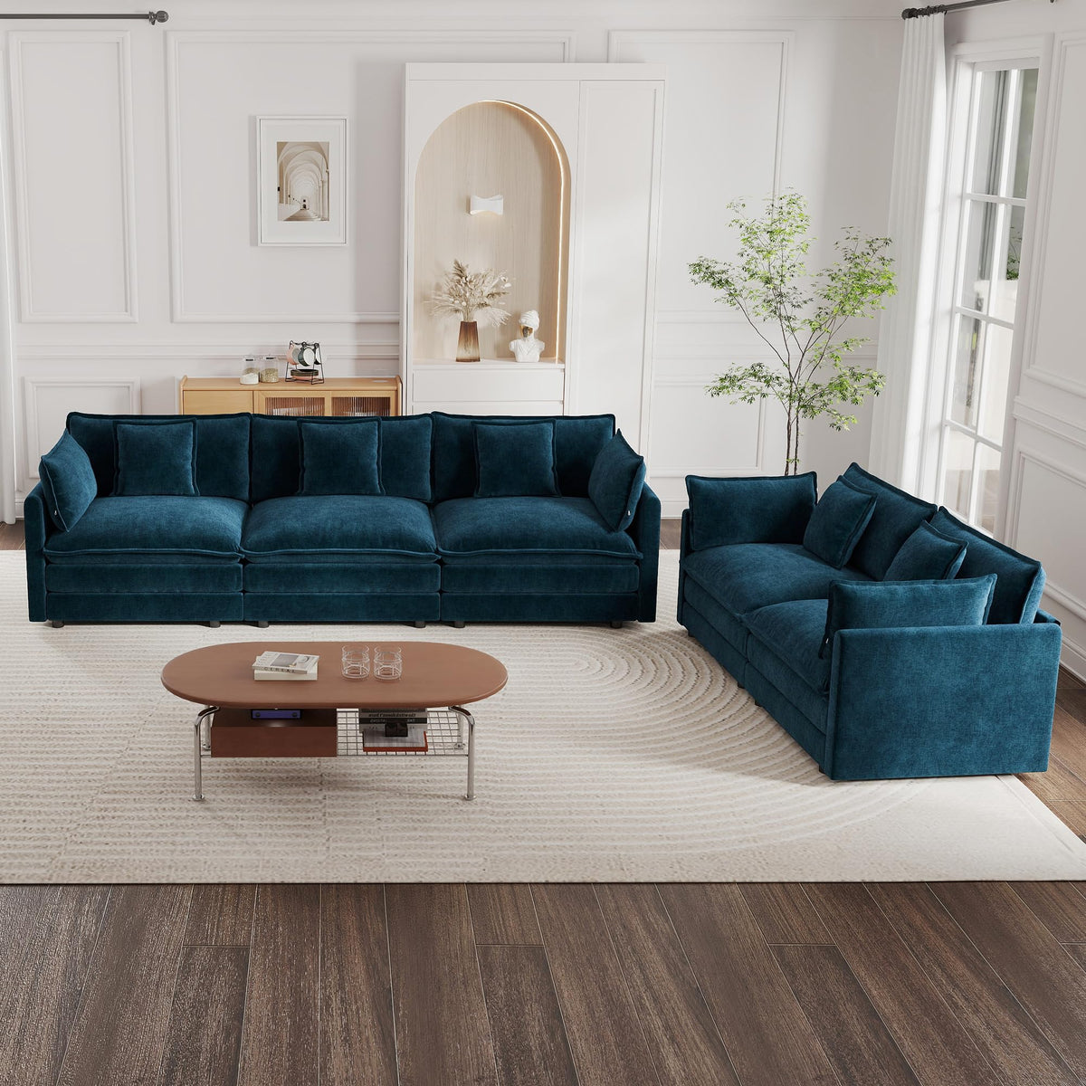 mikibama Luxury 2 Piece Loveseat Couch & Sofa Armchair Set, Modern Upholstered Chenille Cloud Couches Set Furniture with 5 Pillow for Living Room Bedroom Office Apartment, Evergreen