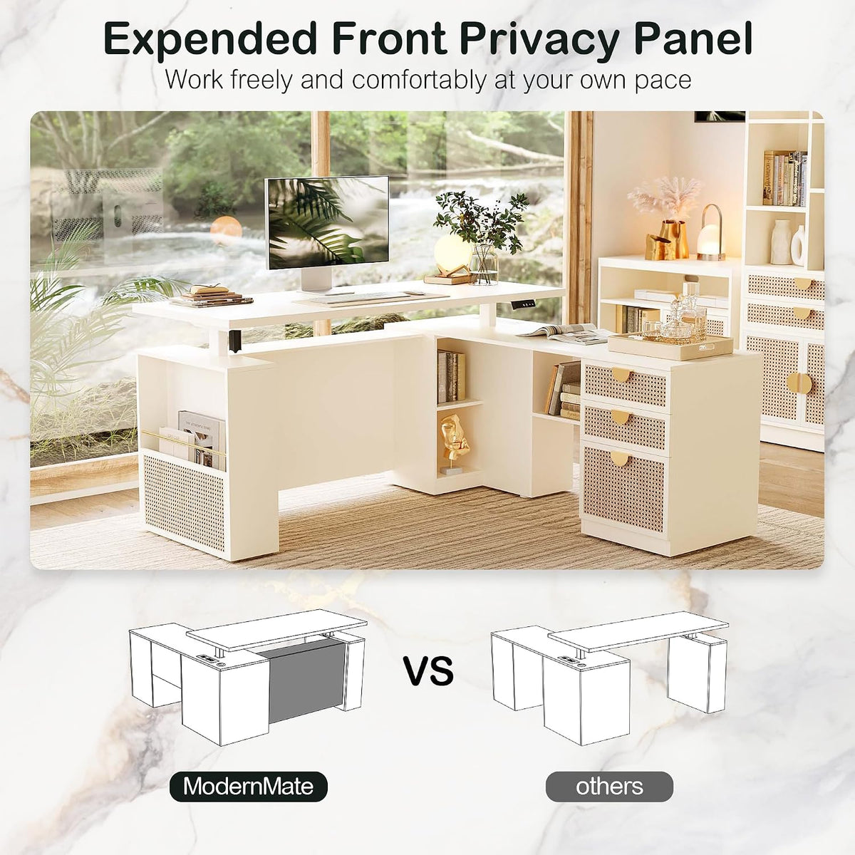 ModernMate 63" L Shaped Electric Standing Desk, Privacy Panel
