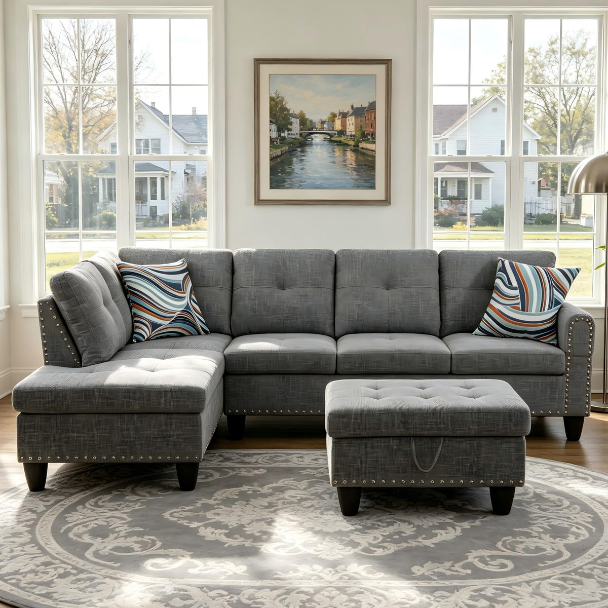 97.5" L-Shaped Modular Sectional Sofa with Movable Chaise & Storage Ottoman, 3 Piece Convertible Leather Couch, 4 Seat Gloss Black Living Room Furniture Set for Apartment Home Office