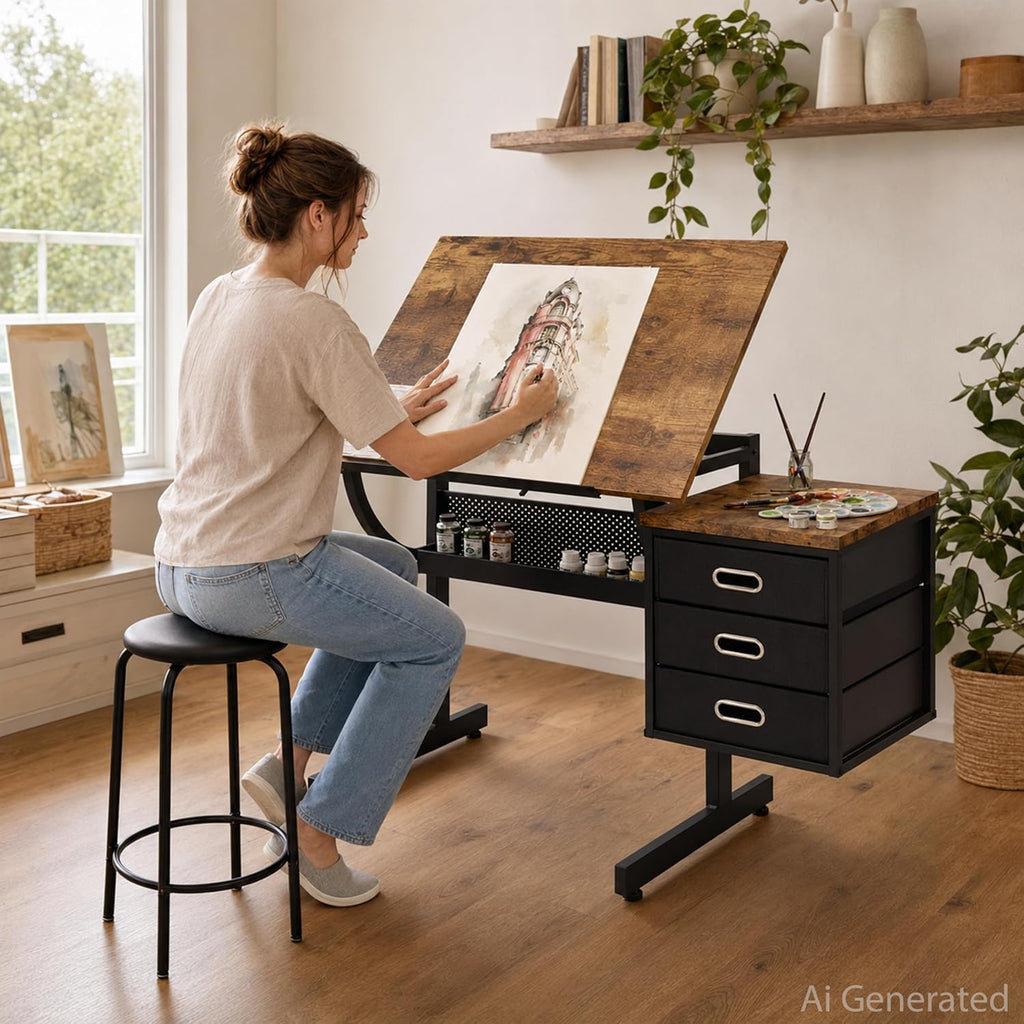 Artist Desks, Drafting Table with Stool & 3 Storage Drawersï¼Black