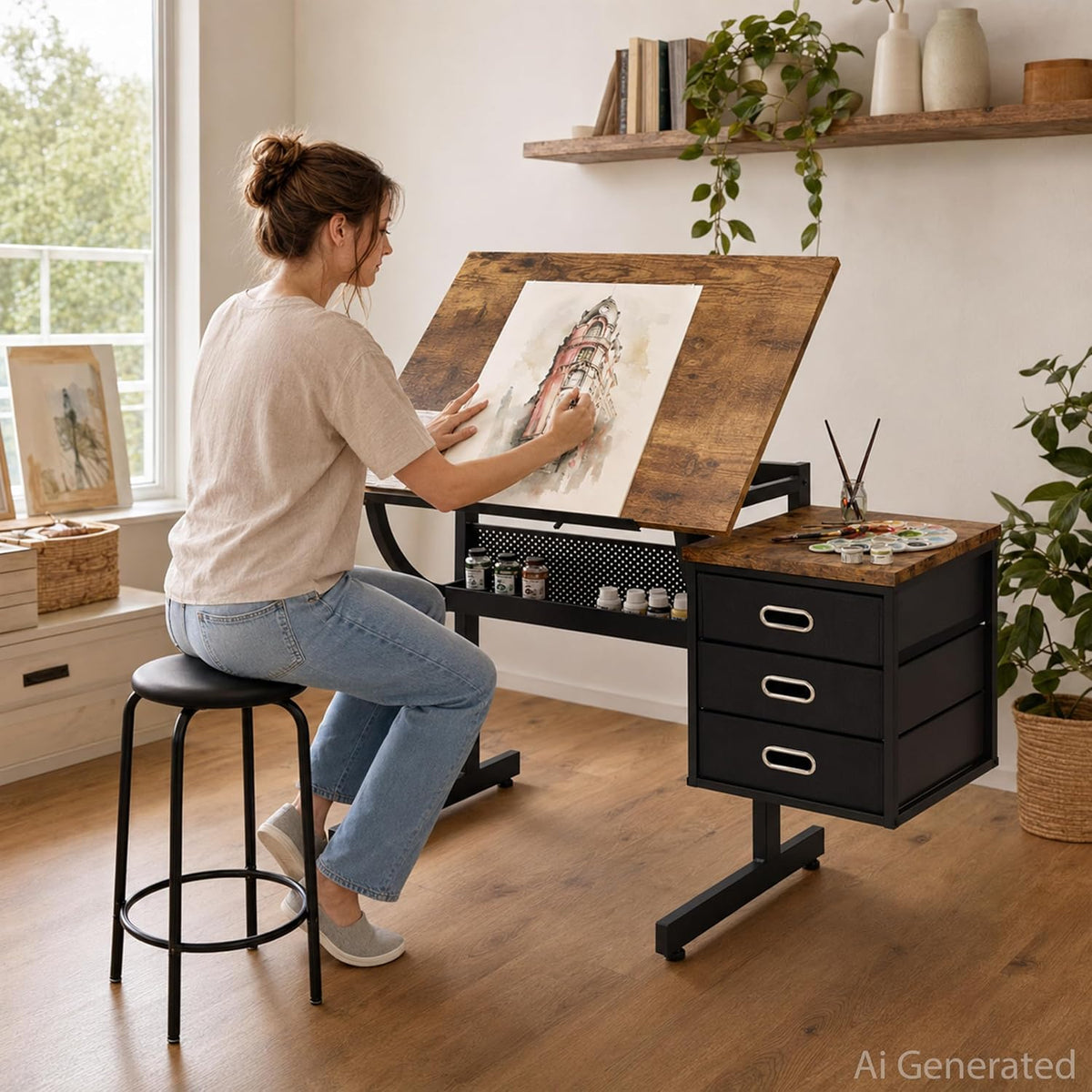 Artist Desks, Drafting Table with Stool & 3 Storage Drawersï¼Black