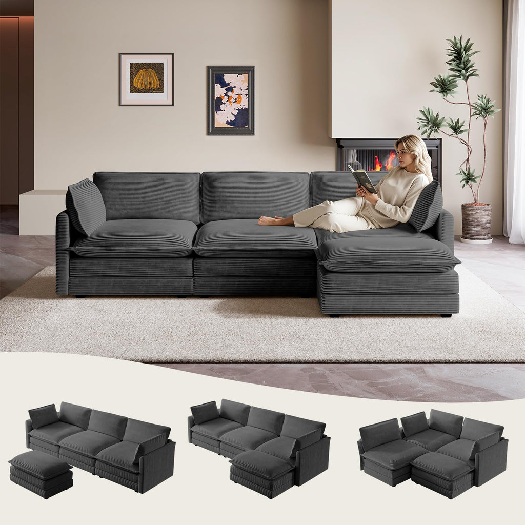 ROWHY 41'' Single Armchair with Ottoman, Modern Corduroy Cloud Couch with Convertible Chaise, Upholstered Sofa Set for Living Room, Green