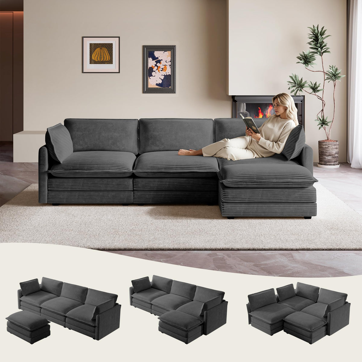 ROWHY 41'' Single Armchair with Ottoman, Modern Corduroy Cloud Couch with Convertible Chaise, Upholstered Sofa Set for Living Room, Green