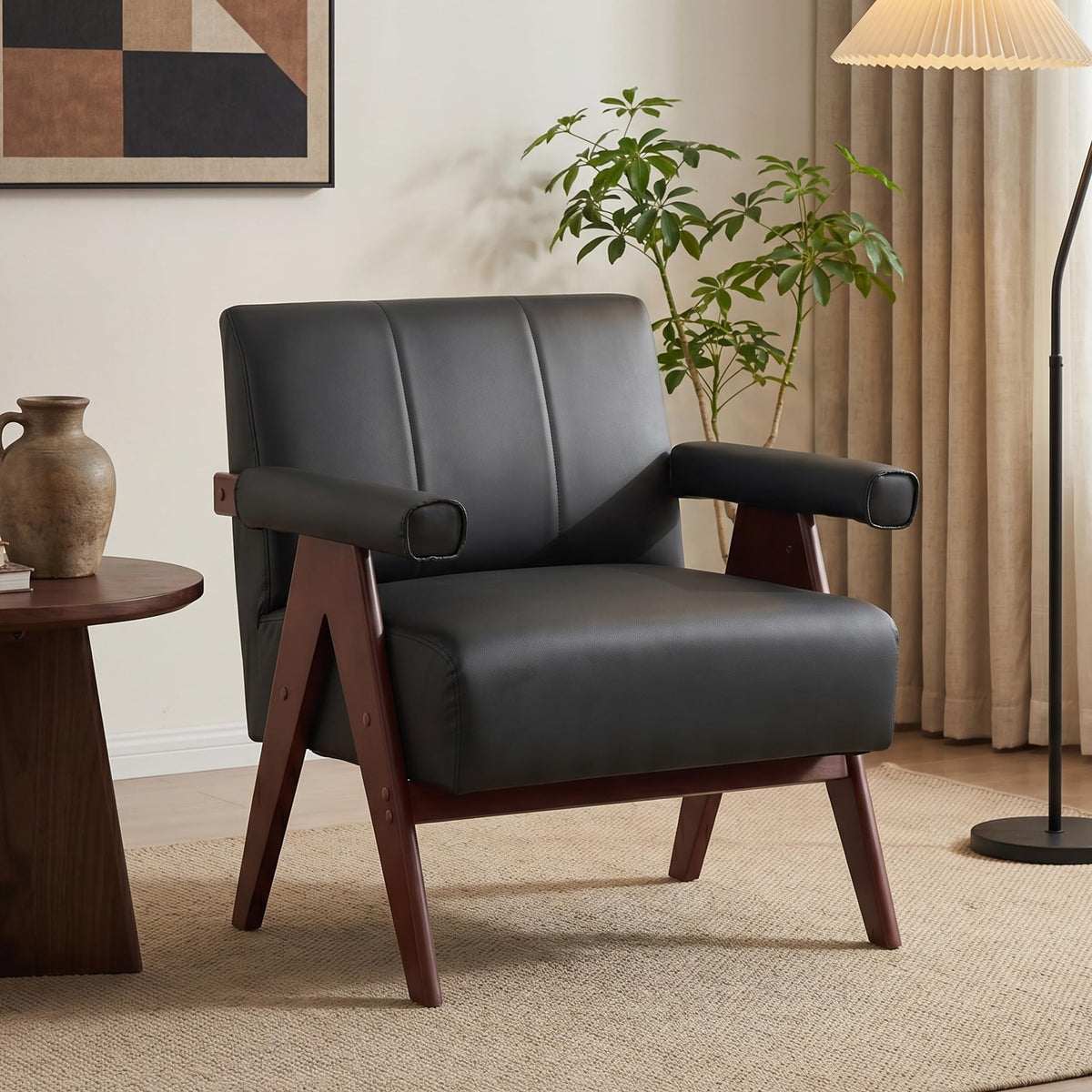 Mid Century Modern Black Faux Leather Accent Chair Set 2 Solid Wood Frame